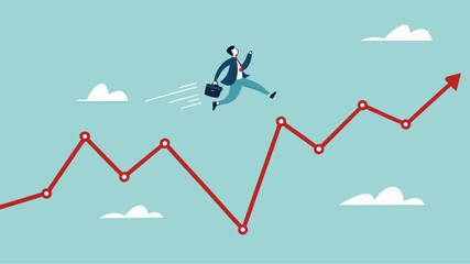 Overcoming financial problems in business or investment with businessman jumping over falling financial graph, creative idea or solution to solve problem, business challenge concept illustration