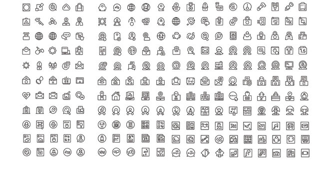 Collection of simple, black and white, outline icons representing various concepts and actions.