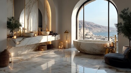 Obraz premium Contemporary marble bathroom with freestanding tub and natural light high resolution image