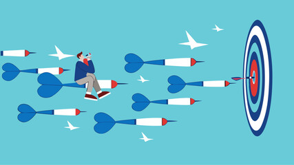 business or marketing target strategy, aim the target audience, introduce products or promotions to the right target audience, businessman control dart with megaphone to reach perfect target