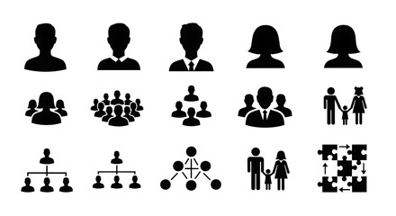 Collection of black silhouette icons representing people, groups, families, and organizational structures.