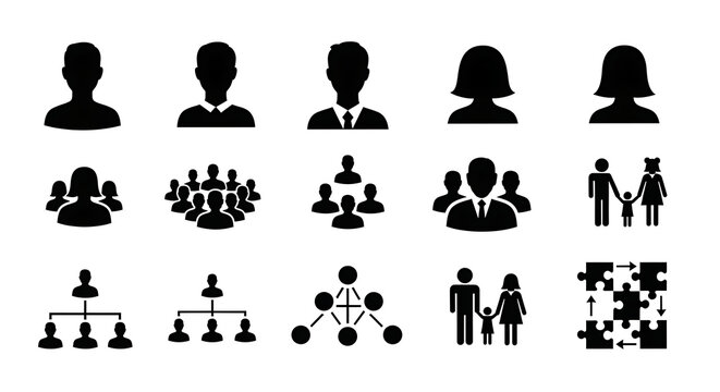 Collection of black silhouette icons representing people, groups, families, and organizational structures.