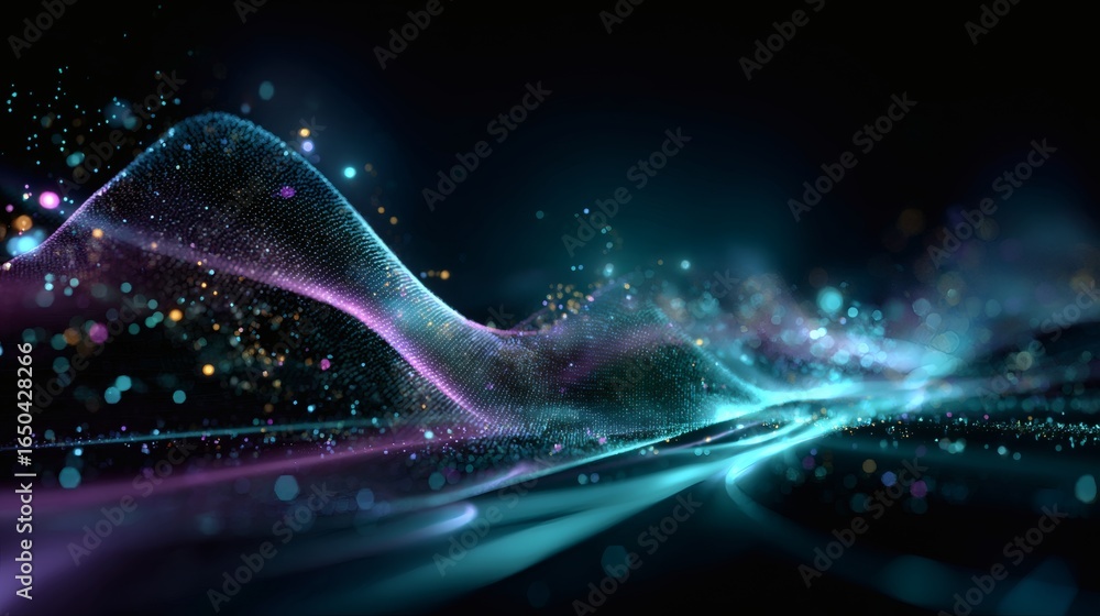 Poster glowing abstract holographic cyber wave with futuristic neon gradient, immersive ai data visualizati