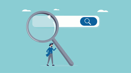 search new job or information, find career opportunity, businessman directs big magnifying glass on search bar