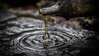 Water droplet falling into still pond, creating ripples
