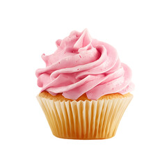 Close-up of a single pink frosted cupcake.