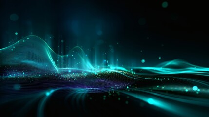 Abstract luminous neon cyber wave with holographic turquoise and purple mesh, immersive flowing gradient, futuristic glowing particles, AI data visualization, sci-fi 3D spectrum, holographic 