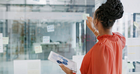 Business woman, back and tablet with sticky note by glass board for planning, agenda or project...