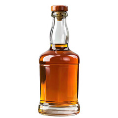 A clear glass bottle of amber liquid,  stoppered with a light brown wooden cap.  Bottle has a rounded shape and a slightly flared neck