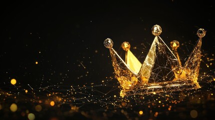 Abstract gold crown in futuristic glowing low polygonal style on black background. Power concept. Modern abstract connection design