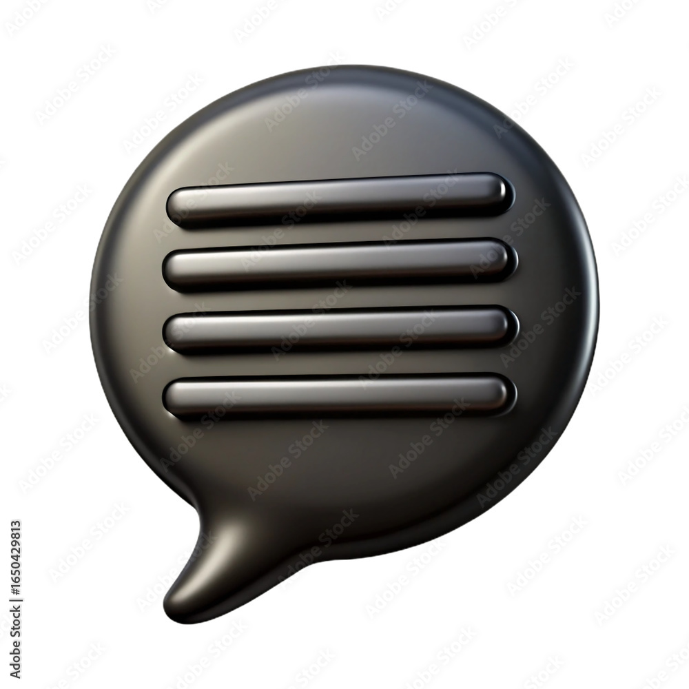Poster dark 3d speech bubble icon with text lines isolated on transparent background