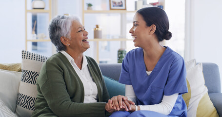 Caregiver, holding hands and elderly woman at house for good news, assistance and medical results....