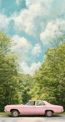 Pink car in a verdant landscape beneath a light-blue sky