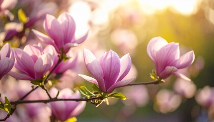 Fototapeta premium Magnolia Blossoms in Soft Sunlight: A Delicate Display of Springtime Beauty.