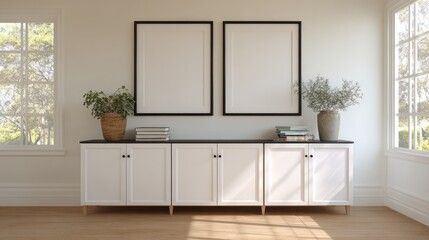 Fototapeta premium Bright Modern Living Room Wall with White Cabinet and Framed Artwork