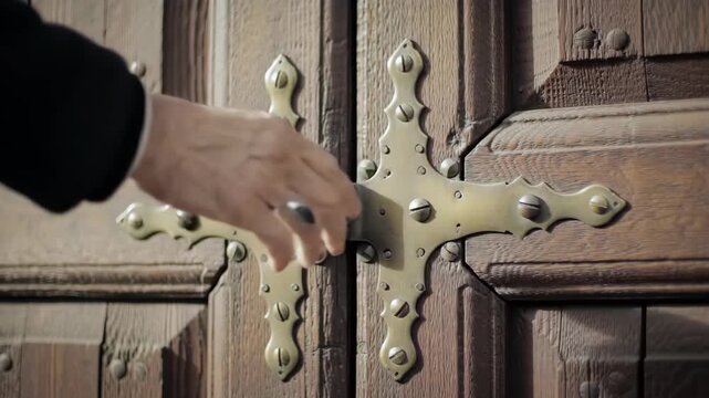 Hand opening an antique wooden door with ornate hinges