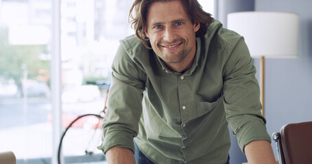 Portrait, creative and man with smile, office and confident with career path in journalism or...