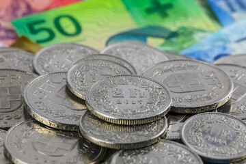 Swiss franc money, banknotes and coins, CHF currency