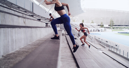 Athlete, people and running on stairs at stadium for fitness, cardio exercise and marathon...