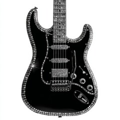 A sleek, black electric guitar, adorned with sparkling embellishments, shines with sophistication and artistic flair. This instrument embodies both the artistry of music and the allure of elegance.