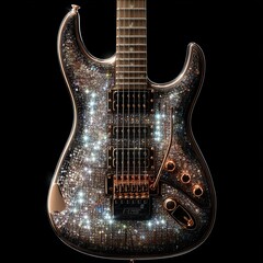 An exquisitely crafted electric guitar sparkles and shines, a visual symphony of light and artistry that captures the essence of musical excellence and technical design.