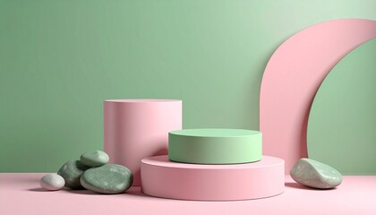 Pastel geometric shapes arranged on a soft pink and mint green background.