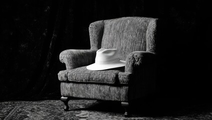 A white hat rests on a dark armchair (1)