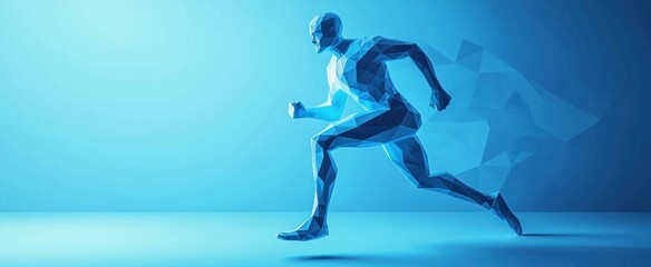 Running man from abstract polygonal blue. Low poly man in motion. 3D Render illustration concept