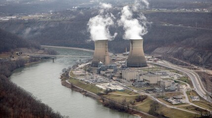 Fototapeta premium Two Cooling Towers Discharge Steam Into the Air Near a River Surrounded by Hills in a Power Generation Scene