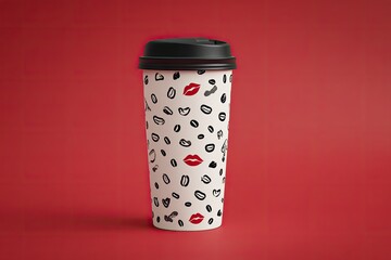 A coffee cup with a black lid, featuring a pattern of coffee beans and lips