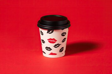 A disposable coffee cup, black lid, red lips & black outlines
