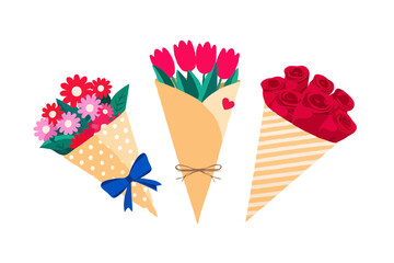 Obraz premium Three colorful bouquets of flowers on a black background
