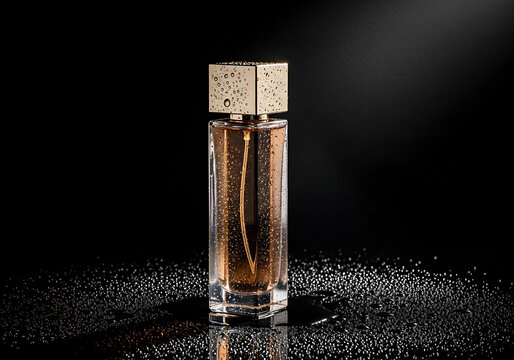 Elegant perfume bottle with golden liquid inside and square cap on a dark background with water drops and light - Powered by Adobe