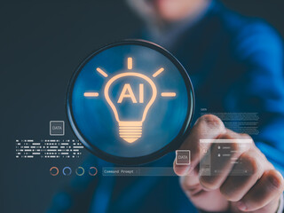 Businessman holding magnifying glass with AI light bulb icon, symbolizing innovation, data analysis, machine learning, and artificial intelligence technology in modern digital business