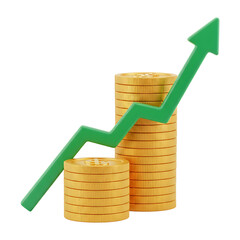 Golden coins stacked with upward trending green arrow, growth and investment concept, financial success, stock market, business progress, wealth building