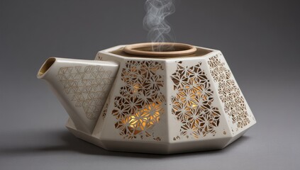 Ornate, octagonal teapot with intricate, cut-out floral patterns.  Steam rises from a warming base
