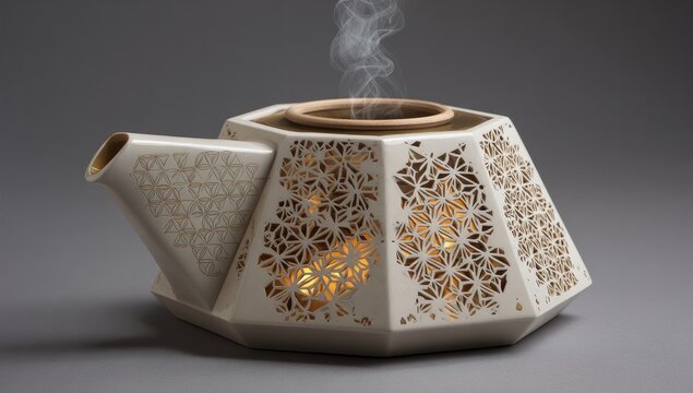 Ornate, octagonal teapot with intricate, cut-out floral patterns. Steam rises from a warming base