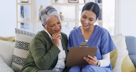 Clipboard, nurse and advice with old woman on sofa for evaluation, treatment progress and medical...
