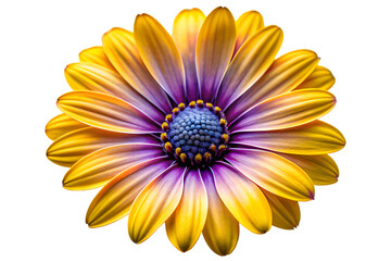 A striking yellow and purple flower with a blue center and numerous delicate petals, isolated on a transparent background, displaying vibrant colors and natural symmetry