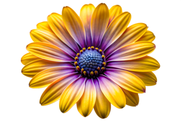 A striking yellow and purple flower with a blue center and numerous delicate petals, isolated on a transparent background, displaying vibrant colors and natural symmetry