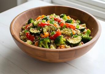 Fresh quinoa salad with vibrant vegetables in wooden bowl, healthy eating concept