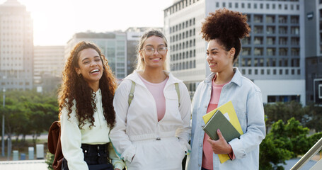 Portrait, confident or happy women in city for college education, school and learning with...