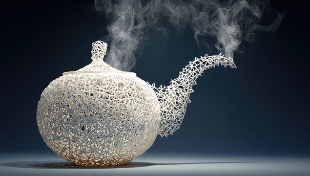 Abstract, ornate teapot, steam rising
