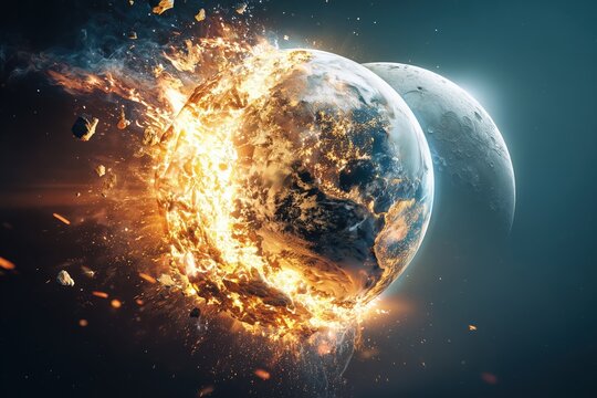 Fiery Earth disintegration and burning moon surface with exploding blue cosmic atmosphere in dark sci-fi cinematic space scene, hyper-realistic 3D rendering of planetary destruction and apocalyptic ho