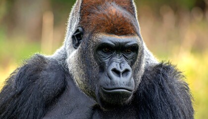 Obraz premium Close-up portrait of a powerful gorilla, intense gaze