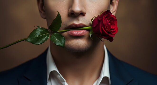 Handsome elegant man in a suit holding a red rose in his mouth. A romantic and seductive Valentine's Day gesture.