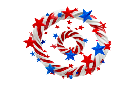 Twisted red and white ribbon with scattered stars on transparent background