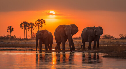 A group of elephants, standing in the water at sunset with their heads raised towards it, with an elephant on each side facing forward and two young ones behind them