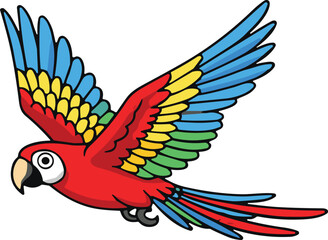 Colorful parrot in flight with red body, green wings, blue tail feathers and black beak vector illustration for tropical bird content