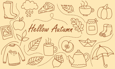 Autumn vector elements set. Cozy fall season, hand drawn Leaves, pumpkins, fall clothes, umbrella, leaves, tea. Vector illustration  the line art doodles style.
